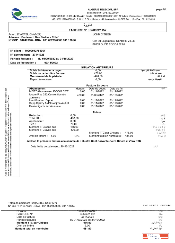 Algeria Algerie Telecom utility bill Word and PDF template